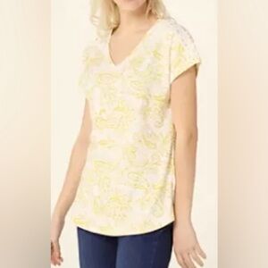 NEW - Denim & Co. Printed Texture Knit Dolman ShortSleeve VNeck Top. Color: Pear